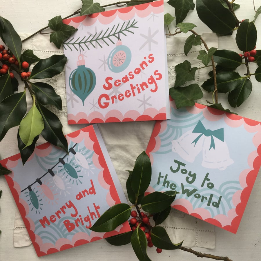 Contemporary Christmas Cards. Red border - set of 3