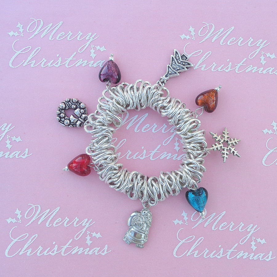 Chistmas charms & hearts on a small, fun, chunky, stretchy bracelet
