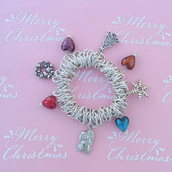 Chistmas charms & hearts on a small, fun, chunky, stretchy bracelet