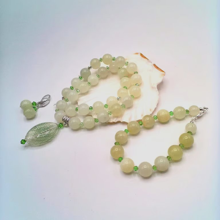Olive Jade and Crystal Necklace with Hollow Glass Pendant Bracelet and Earrings 