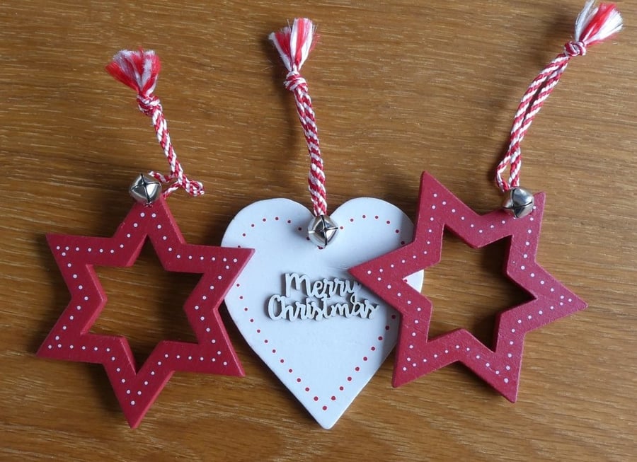 Set of 3 Hanging Red & White Christmas Decorations