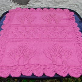 Tree of life design, baby's blanket, hand knit, deep pink, 30" x 35"