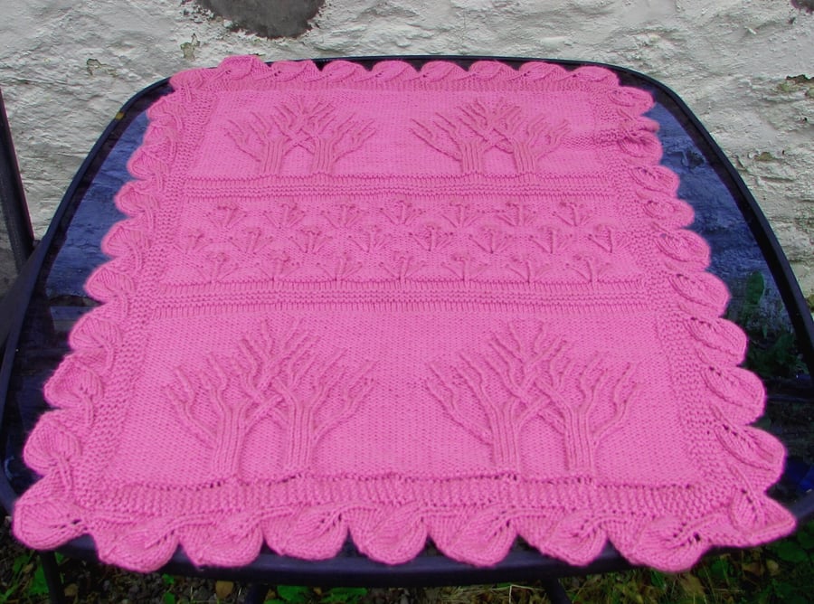 Tree of life design, baby's blanket, hand knit, deep pink, 30" x 35"