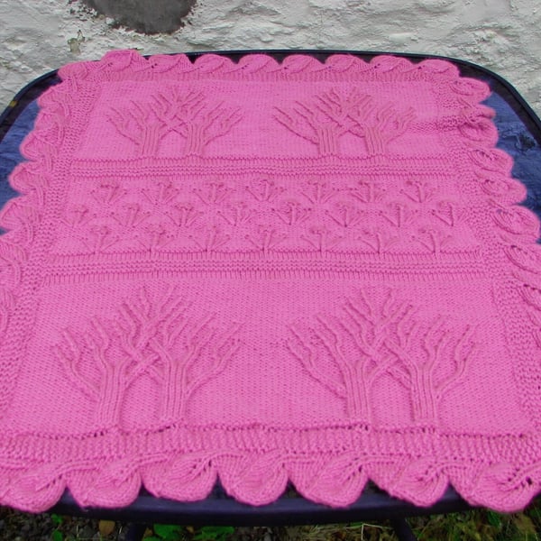 Tree of life design, baby's blanket, hand knit, deep pink, 30" x 35"