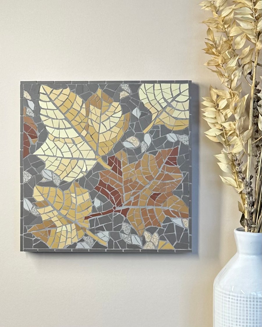 Mosaic Floral Art - Autumn Leaves Mosaic Wall Plaque in Grey