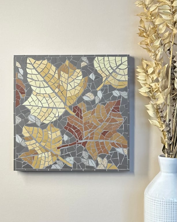 Mosaic Floral Art - Autumn Leaves Mosaic Wall Plaque in Grey