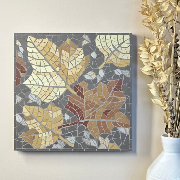 Mosaic Floral Art - Autumn Leaves Mosaic Wall Plaque in Grey