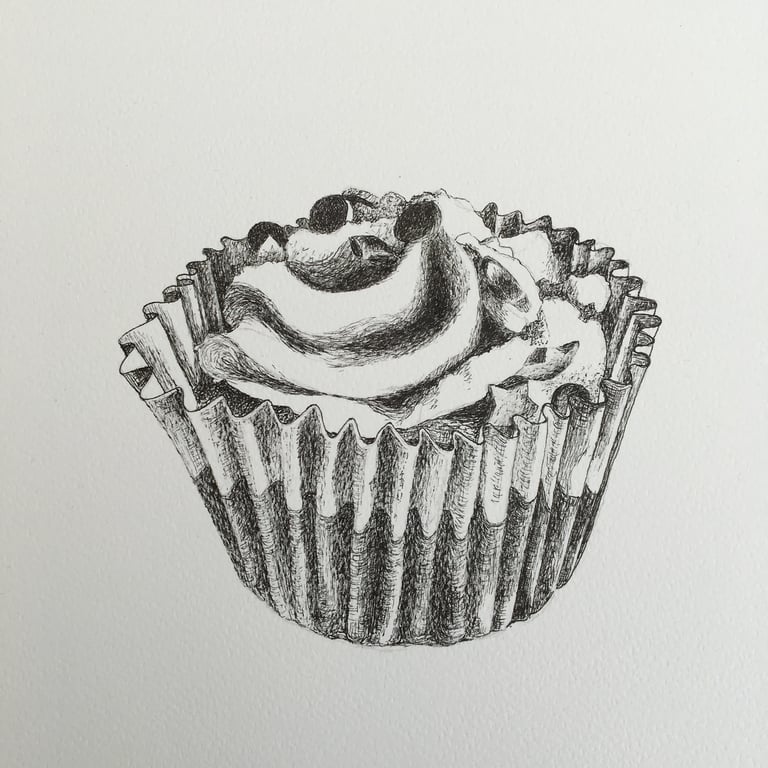 Cupcake original black ink drawing 