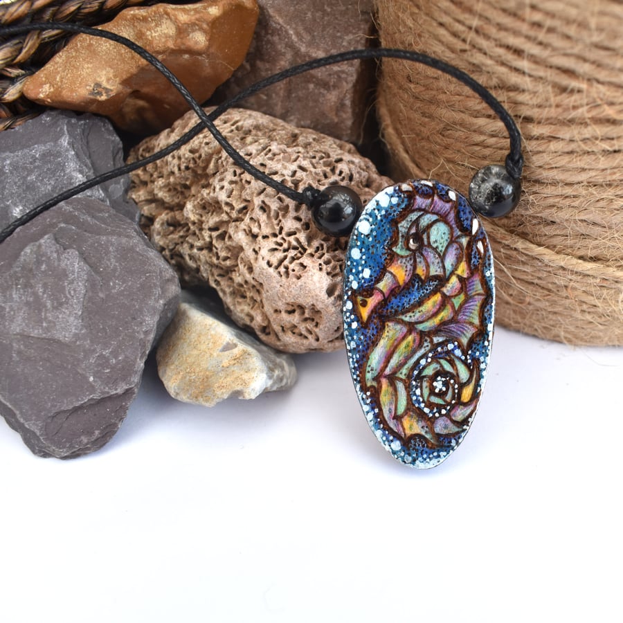 Rainbow seahorse pyrography oval pendant, ideal for a wood anniversary
