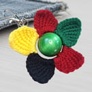 Crochet Flower Keychain with Hand-Dyed Green Bead – Handmade Bag Charm