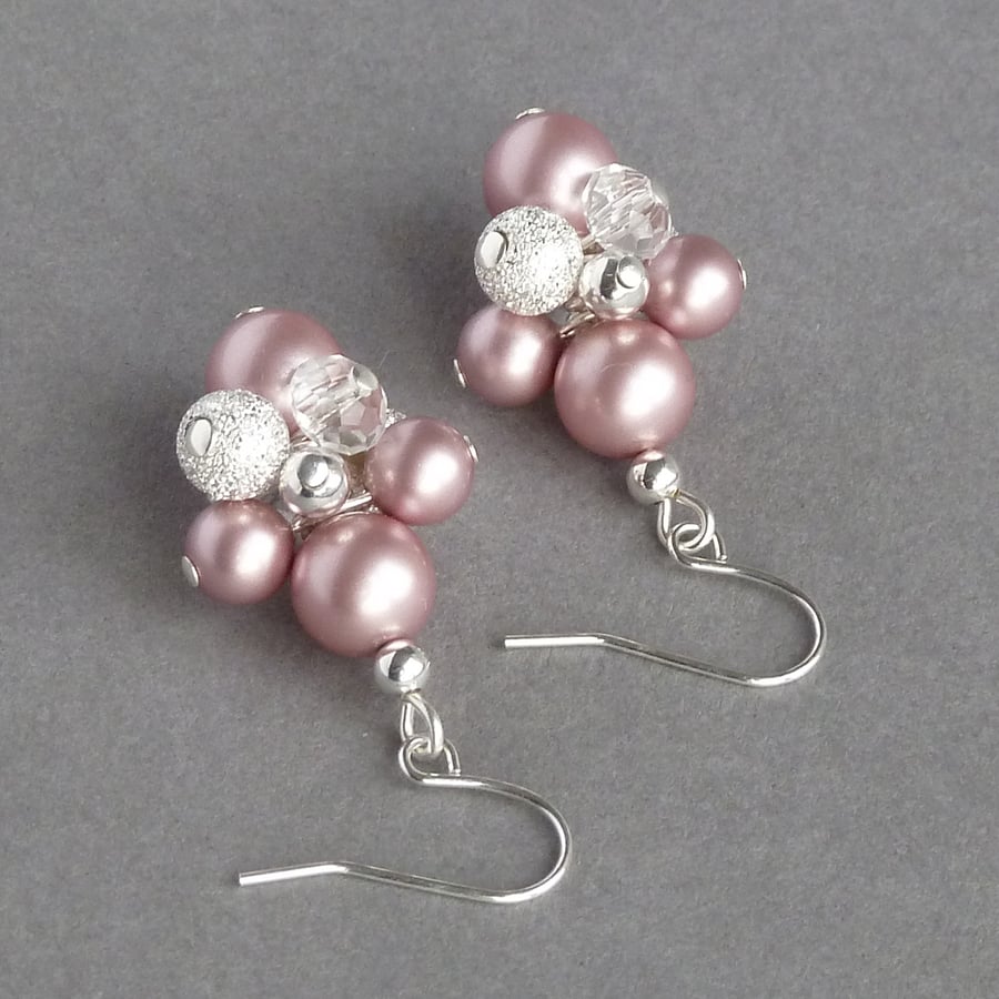 Dusky Pink Stardust Earrings - Pink Pearl and Rose Quartz Cluster Drop Earrings