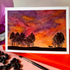 Hand painted watercolour sunset with hand printed woodland scene, blank card