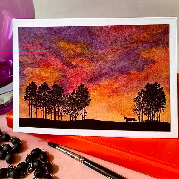 Hand painted watercolour sunset with hand printed woodland scene, blank card