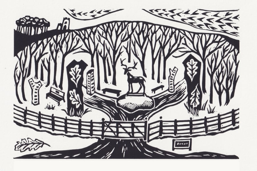 Bradgate Park- Memorial Wood Lino Print- Black and White
