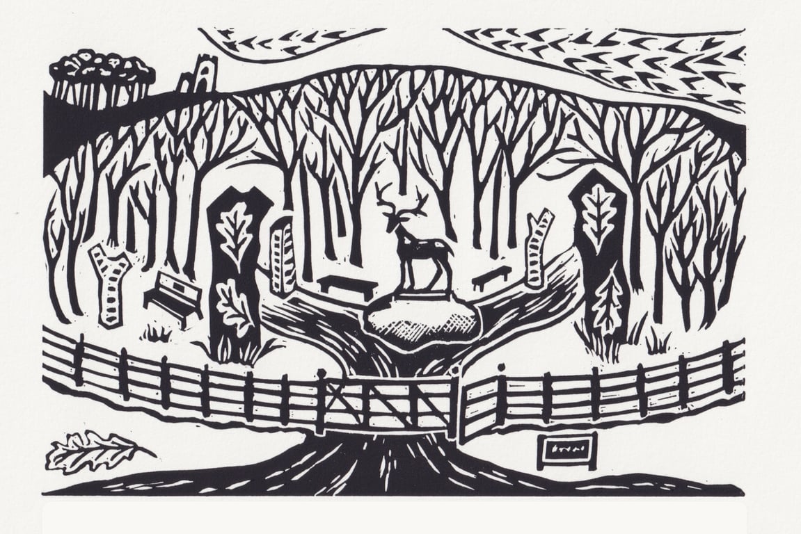 Bradgate Park- Memorial Wood Lino Print- Black and White