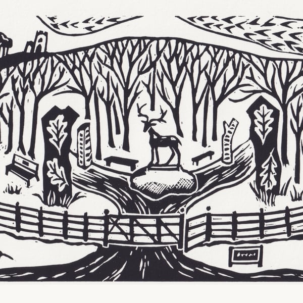 Bradgate Park- Memorial Wood Lino Print- Black and White