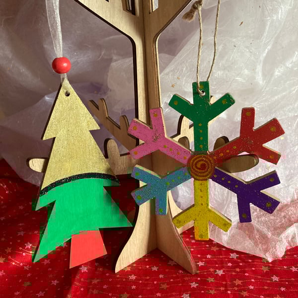 Christmas tree and snowflake tree decorations