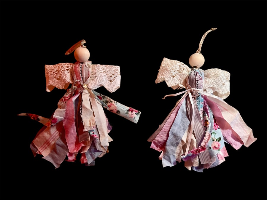 Set of 2 Upcycled Scrap Fabric Angels with “Just For You” Charm – Boho Style Han