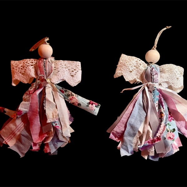Set of 2 Upcycled Scrap Fabric Angels with “Just For You” Charm – Boho Style Han