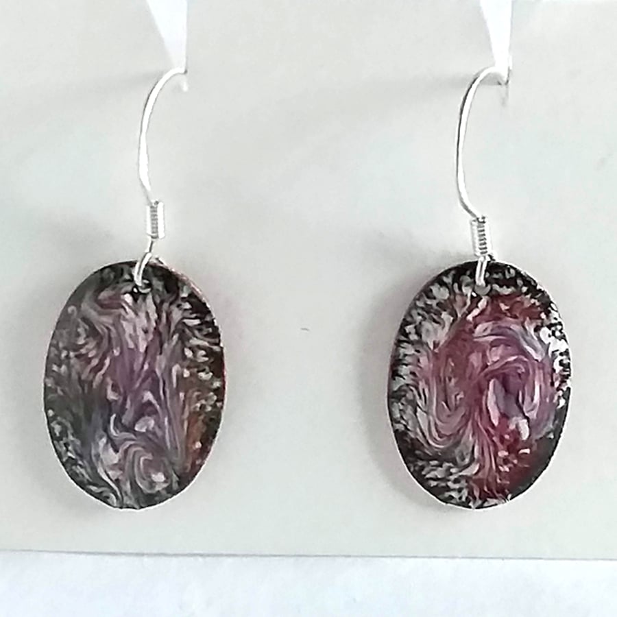 enamelled earrings - oval scrolled pink and black over white enamel