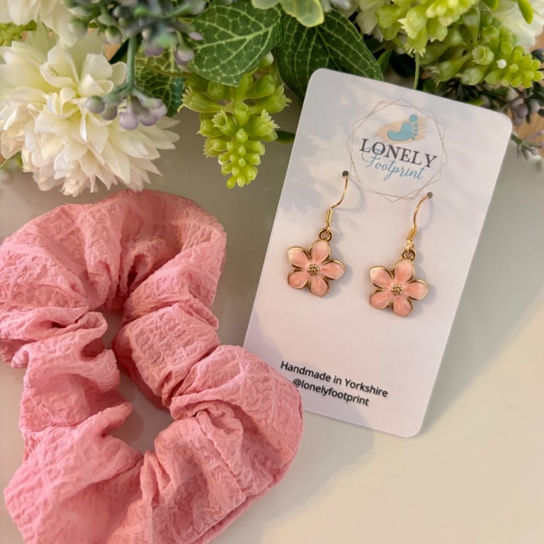 Pink Floral Drop Earrings with Matching Scrunchie Gift Set, Handmade Jewellery 