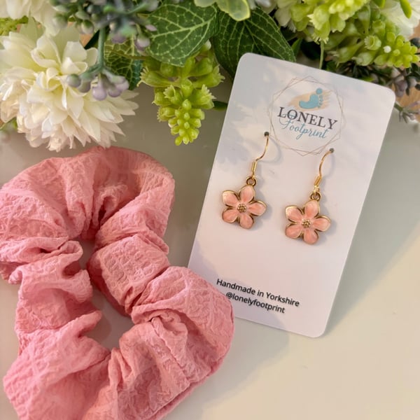 Pink Floral Drop Earrings with Matching Scrunchie Gift Set, Handmade Jewellery 
