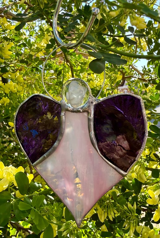 Stained Glass Heart Angel - Soft ethereal pink with purple textured wings