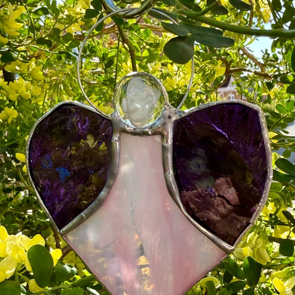 Stained Glass Heart Angel - Soft ethereal pink with purple textured wings