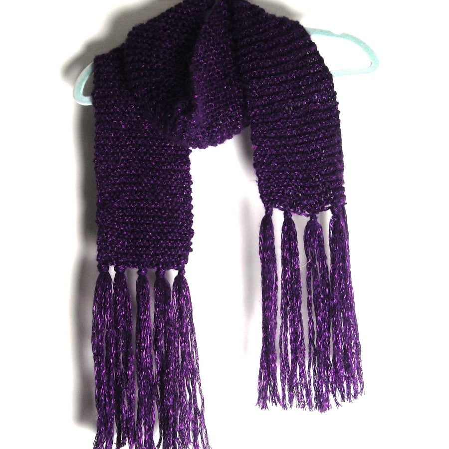 Purple Hand Knitted Finged Scarf