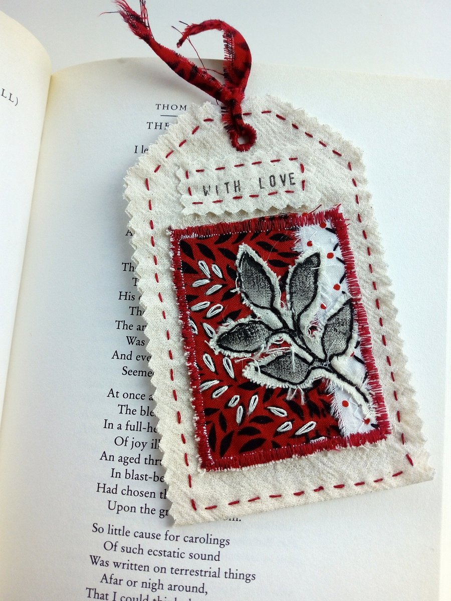 Fabric Gift Tag Bookmark with Printed Leaf Collage and Love Sentiment