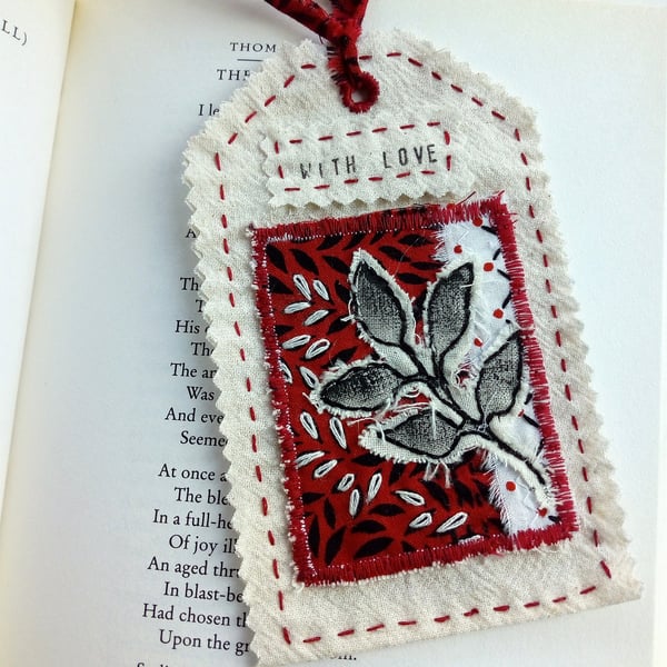 Fabric Gift Tag Bookmark with Printed Leaf Collage and Love Sentiment