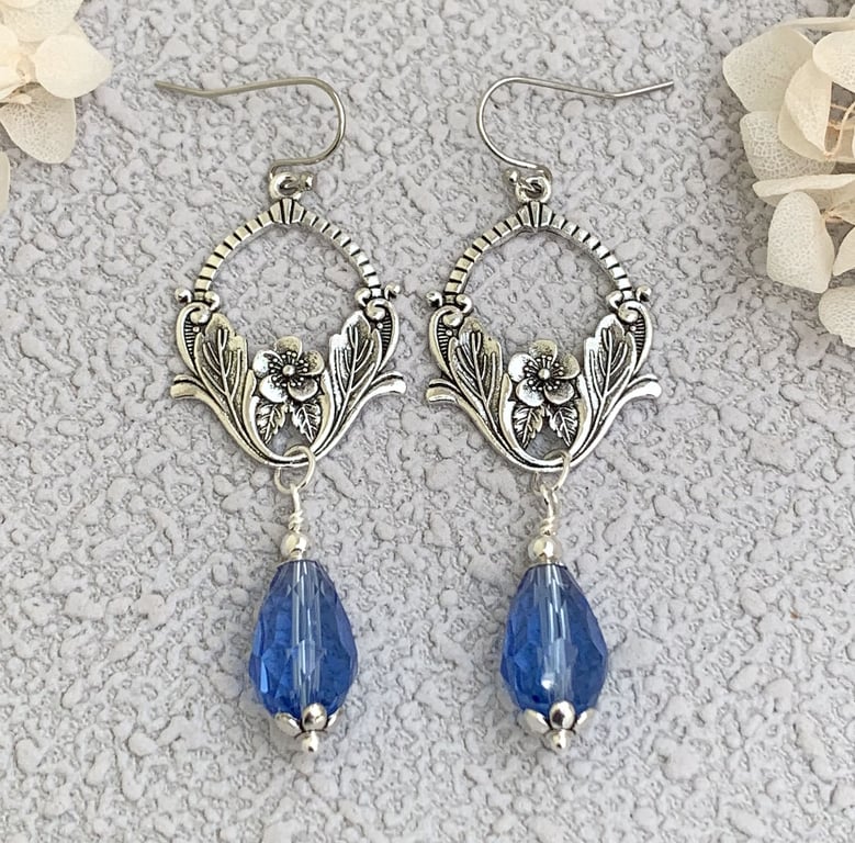 Vintage Style Silver and Blue Glass Teardrop Earrings
