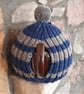 Large Tea Cosy, Brown Betty Compatible, Hand Knitted, Dark Blue & Grey Stripes - Image 3