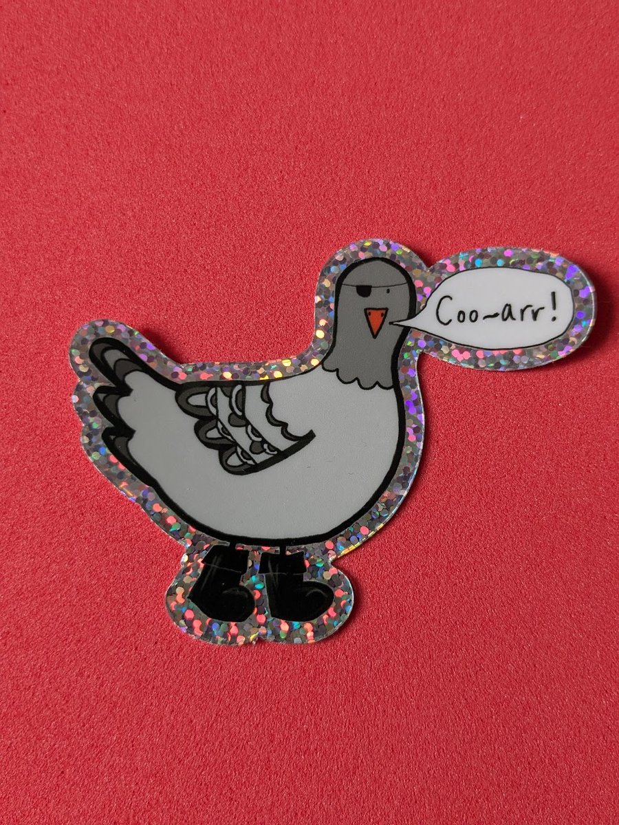 Glitter pirate pigeon sticker - die cut, vinyl