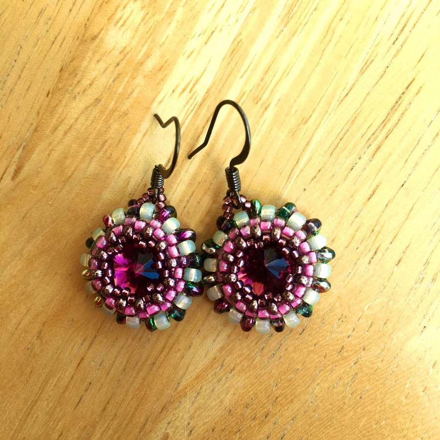 Garnet, Pink And Cream Star Seed Bead Earrings 