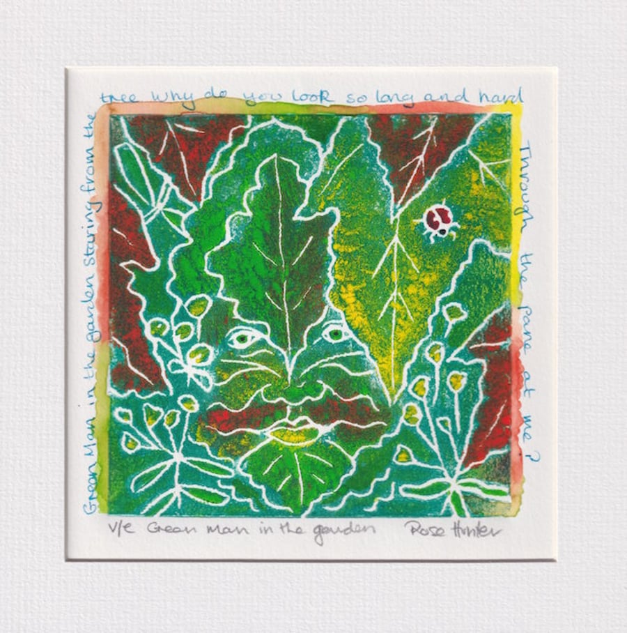 Green Man in the garden- original hand painted lino print 001