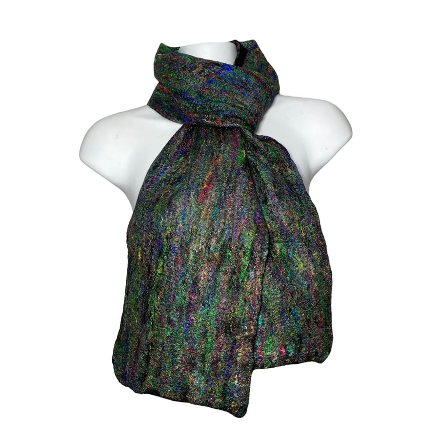 Merino wool and silk felted scarf black with multicoloured detail