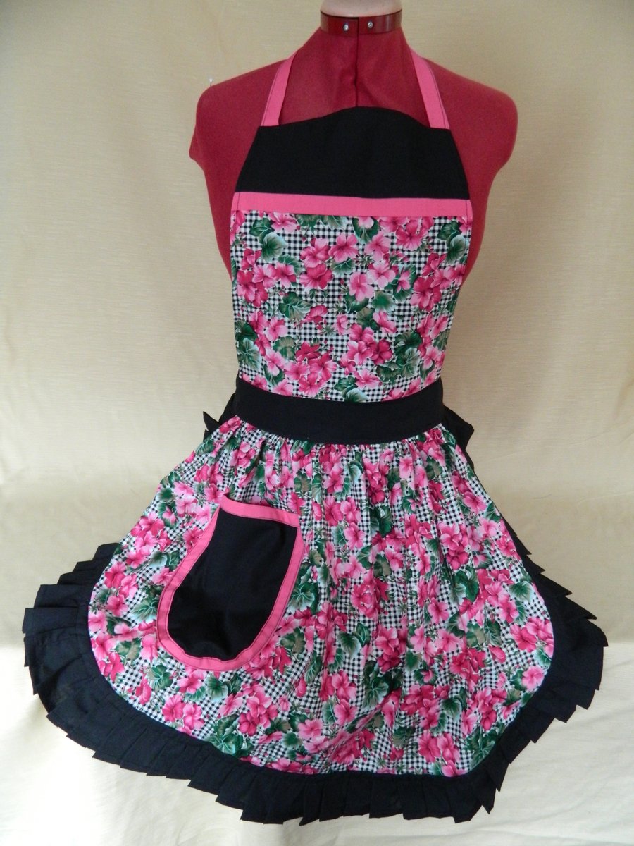 Vintage 50s Style Full Apron Pinny - Black & Pink Flowers with Black Trim