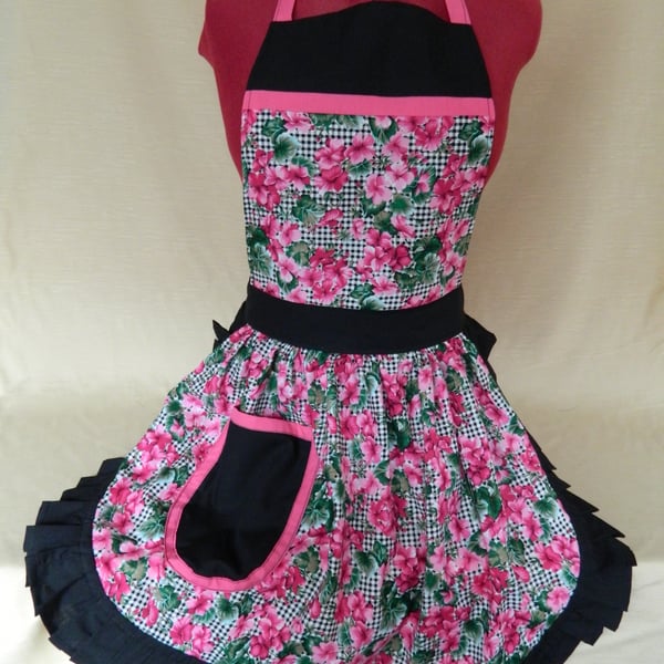 Vintage 50s Style Full Apron Pinny - Black & Pink Flowers with Black Trim