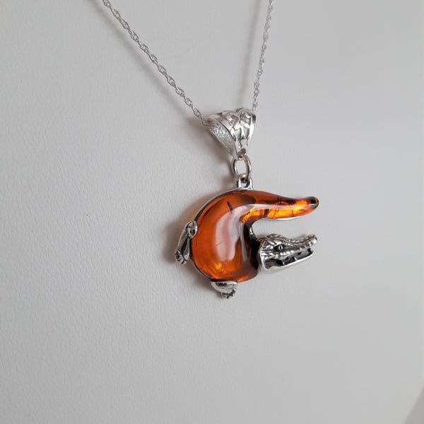 Amber Cognac Crocodile and Sterling Silver Necklace. Amber, Wildlife, Gift