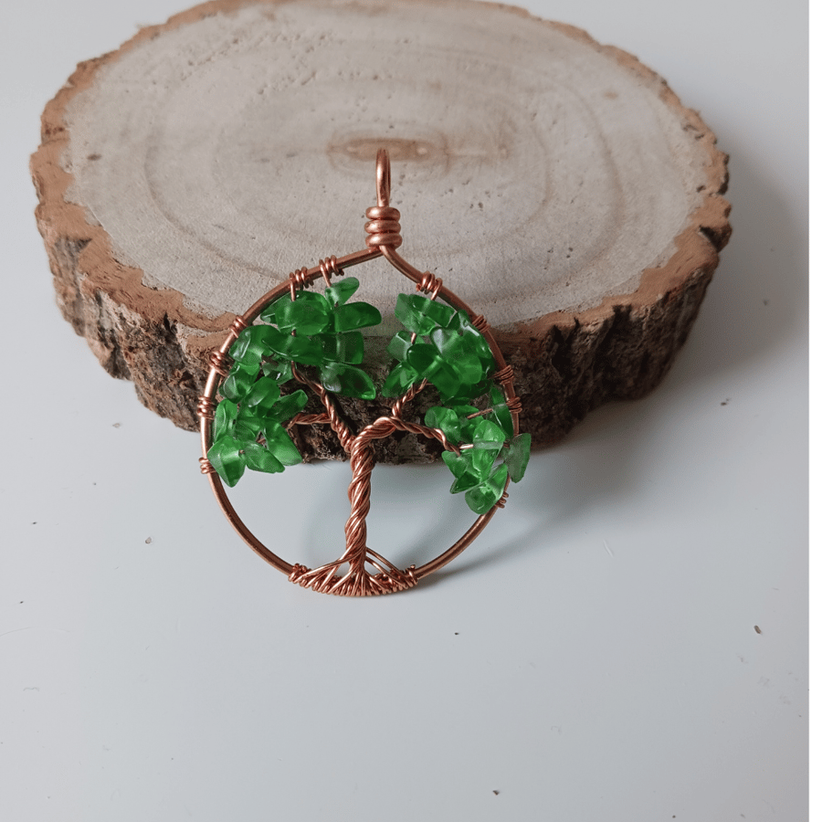 Handcrafted Wire-Work Tree of Life Necklace with Green Chips
