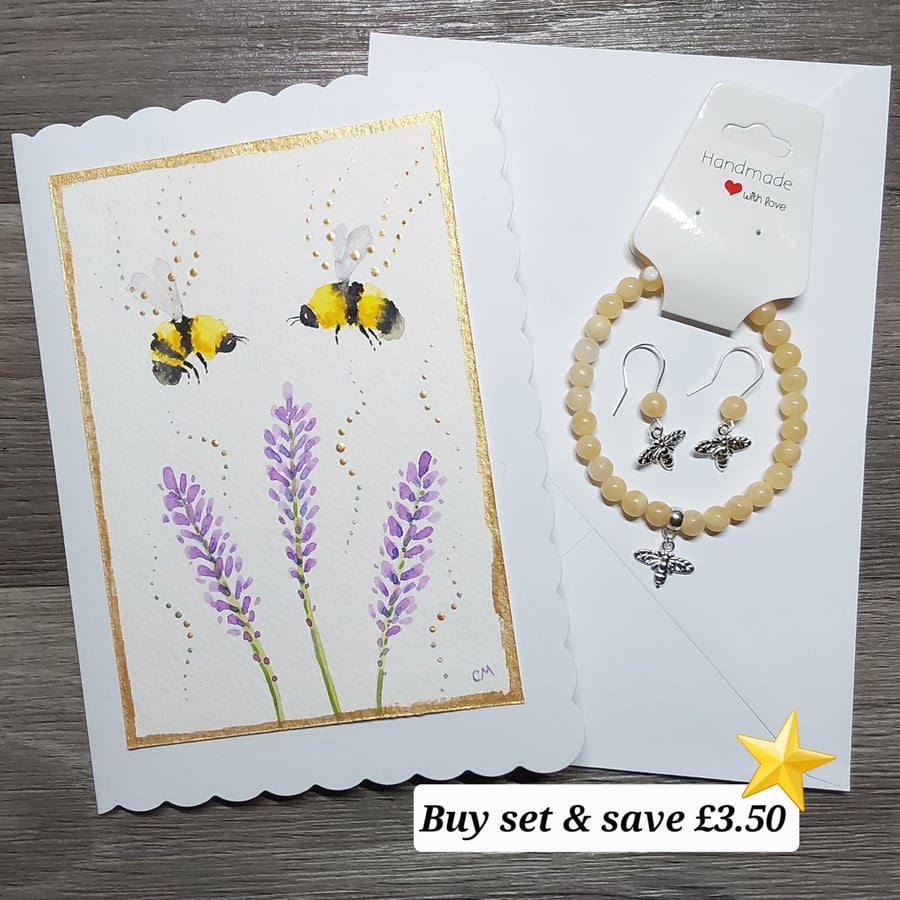 Bee Gift Set - Hand Painted Blank Card - Honey Jade Charm Bracelet and Earrings 