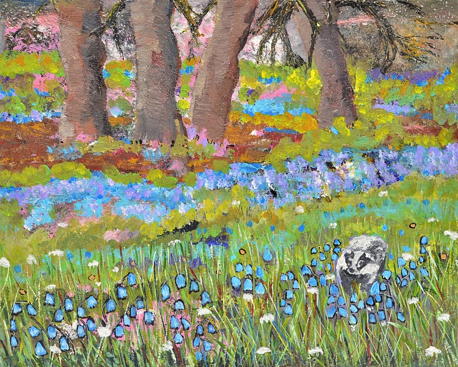 Original Painting of a Badger in a Bluebell Wood (Ready to Hang 10 x 8 inches)