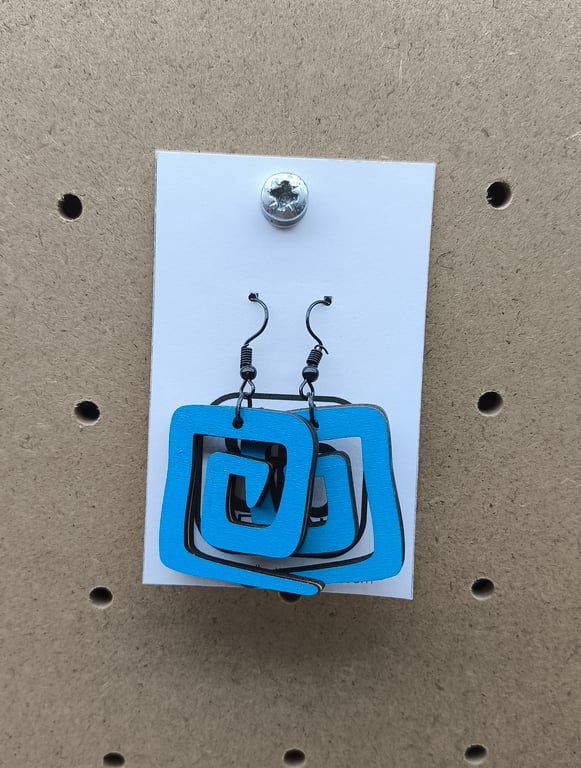 Blue Geometric Wooden Earrings