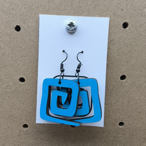 Blue Geometric Wooden Earrings
