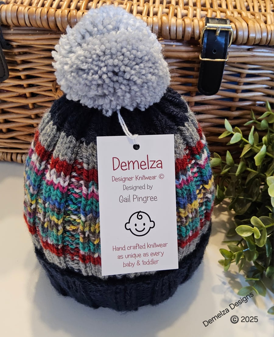 Designer Hand Knitred Ribbed Large Pom Pom Beanie Hat 1-2 Years size
