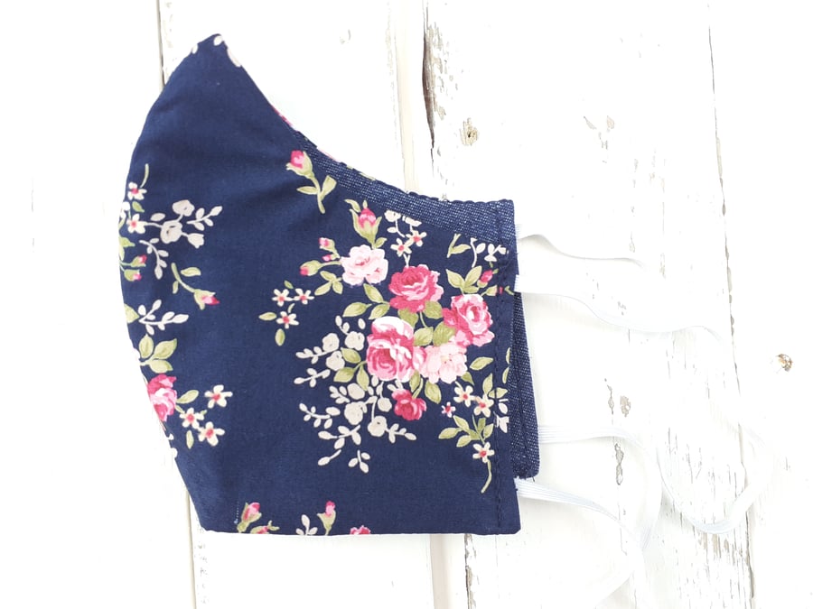 Handmade Reversible Face Mask  Adult Size Navy Blue with Pink Flowers