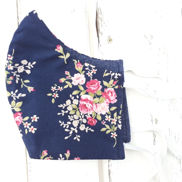 Handmade Reversible Face Mask  Adult Size Navy Blue with Pink Flowers