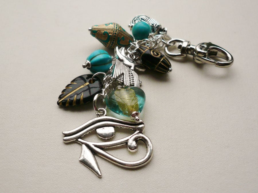 Bag Charm Turquoise Blue Black Beaded Silver Egyptian Themed  KCJ1618