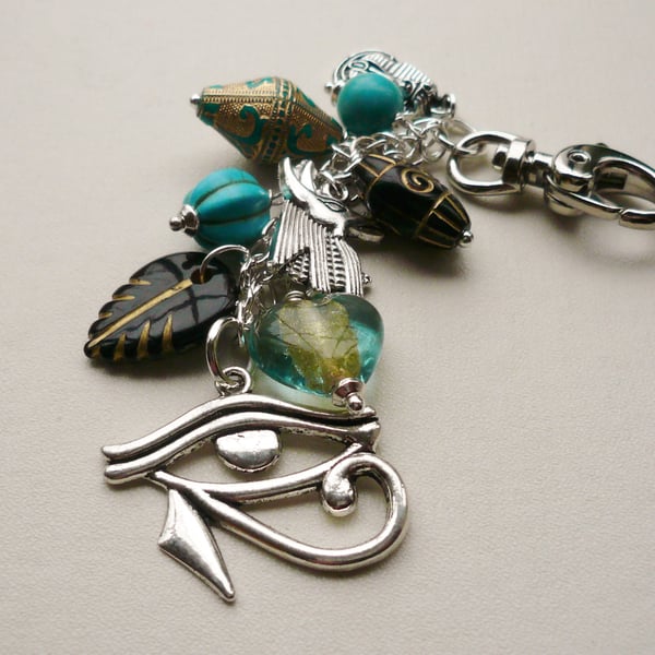 Bag Charm Turquoise Blue Black Beaded Silver Egyptian Themed  KCJ1618